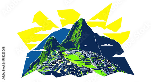 Machu Picchu Ancient Inca Citadel, Peru - Stylized Mountain Landscape