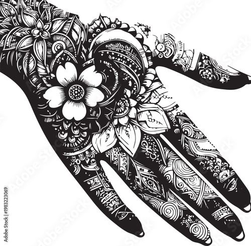 Fotografie Intricate Mehndi Silhouette Vector in Black and White Traditional Henna Art Desi