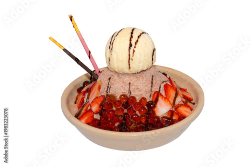 A decadent chocolate shaved ice bowl topped with vanilla ice cream, fresh strawberry slices, boba pearls, and chocolate-dipped biscuit sticks