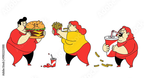 Overweight people eating junk food: burgers, fries, and soda