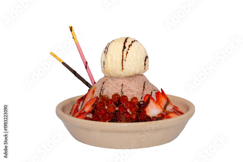 A decadent chocolate shaved ice bowl topped with vanilla ice cream, fresh strawberry slices, boba pearls, and chocolate-dipped biscuit sticks