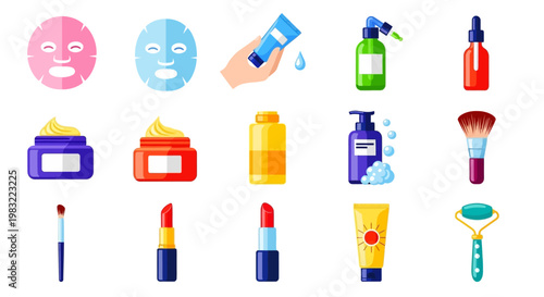 Skincare Products Collection: Face Masks, Creams, Serums, Lipstick, Brush, Roller