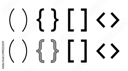 Set of punctuation marks including parentheses, curly braces, square brackets and angle brackets in black and gray decorative typography