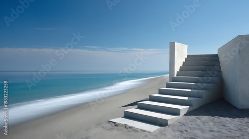 Minimalist Concrete Staircase Leading To Serene Ocean Horizon At Sunrise Peaceful Coastal Architecture Design Concept For Modern Lifestyle And Travel Inspiration