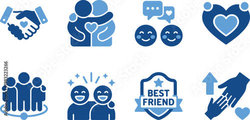 Friendship and relationships icon set in blue tones