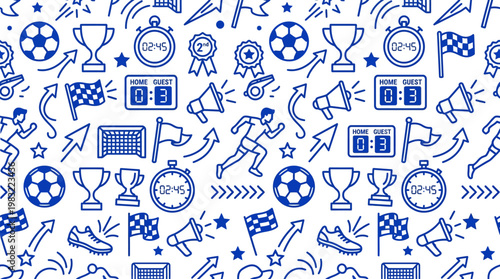 Blue seamless sports icons pattern with trophies, balls, medals, whistles, and equipment doodles for backgrounds, branding, and design projects