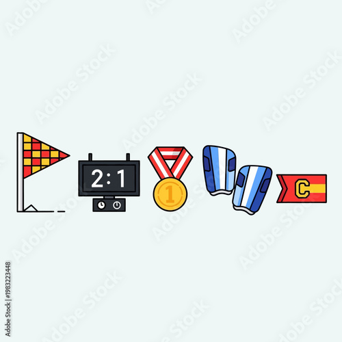 Soccer Game Elements: Scoreboard, Medal, Shin Guards, Flag, Corner Flag
