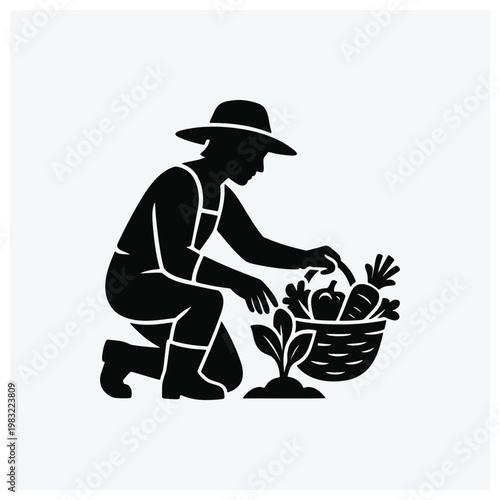Gardener harvesting vegetables from garden, silhouette illustration