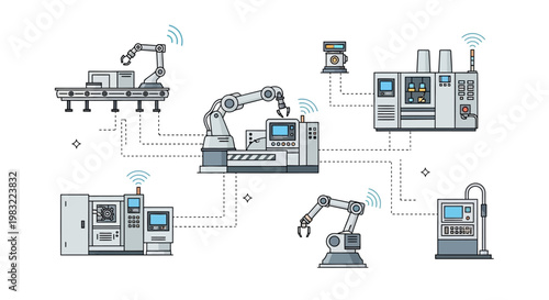 An overhead vector depiction showcases a network of automated machinery with robotic arms and conveyor belts, connected by dotted lines against a clean white background, illustrating modern