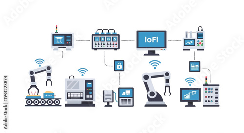 A flat vector illustration showcases a connected factory network with robotic arms and machinery, displayed against a clean white background, depicting a technologically advanced