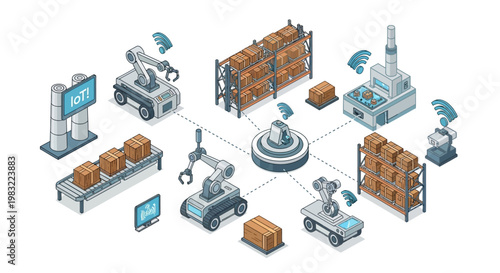 Isometric illustration displays automated robots moving inventory around a warehouse, connected by digital networks, with boxes on conveyor belts and shelves against a clean white backdrop