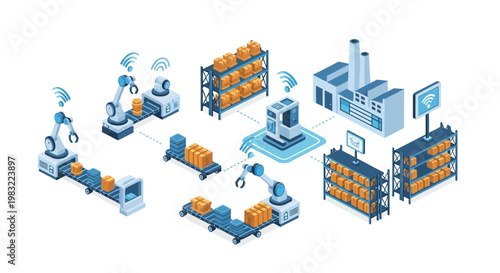 Isometric vector illustration depicting robotic arms automating the packaging and movement of goods within a factory connected by wireless technology, set against a clean white background