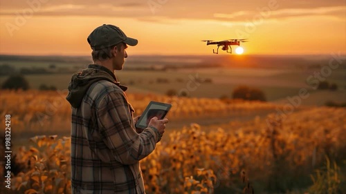 Wallpaper Mural A person operates a drone while standing amidst fields at sunset. The warm light creates a beautiful backdrop. This activity focuses on capturing aerial views of the landscape Torontodigital.ca