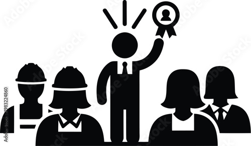 Team leader holding achievement award celebrating business success and employee of month recognition.