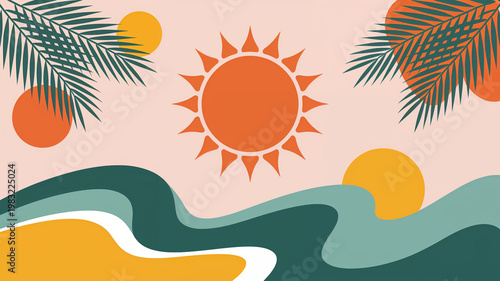 Abstract Tropical Summer Landscape with Sun and Waves Design
