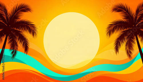 Vibrant Tropical Sunset with Palms and Waves in Warm Colors