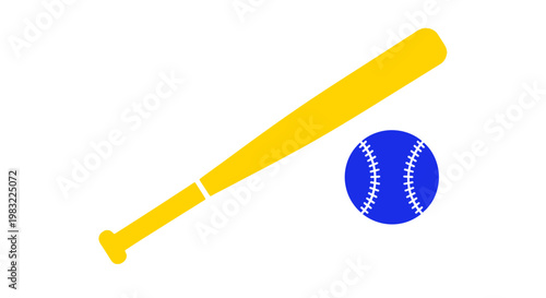Yellow Baseball Bat and Blue Ball Isolated on White Background, Sports Equipment