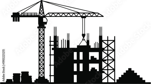 Construction site silhouette with crane building and materials for industrial project.