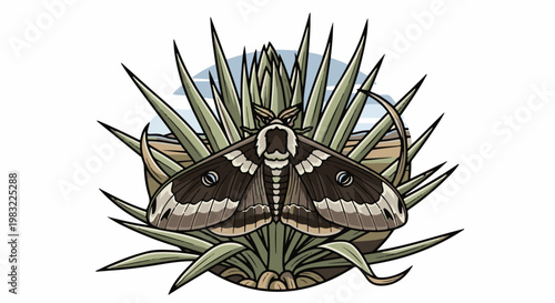 Detailed moth with patterned wings resting on spiky foliage under a sky