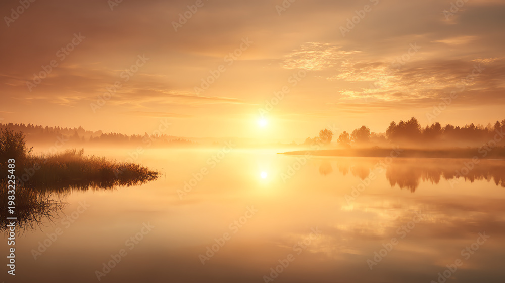 Fototapeta premium A serene sunrise over calm water, reflecting warm colors and misty trees, creating a peaceful natural scene.