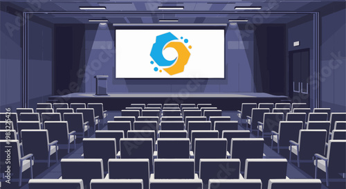 Empty lecture hall with a presentation screen displaying a colorful logo