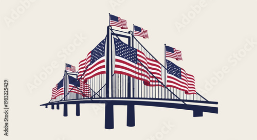 American flags wave majestically on a suspension bridge