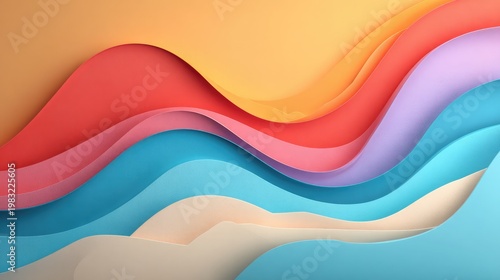 A vibrant abstract illustration of layered wavy shapes in various colors