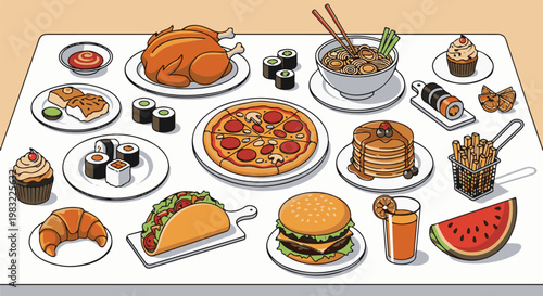 A bountiful spread of diverse food items arranged on a white tabletop