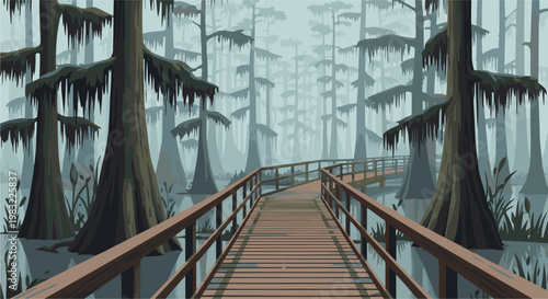 Wooden walkway through a misty swamp with cypress trees and Spanish moss