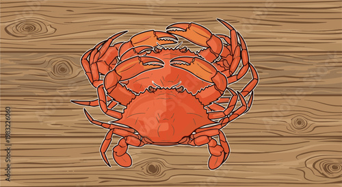 Two bright red crabs with visible legs and claws resting on a wooden plank surface