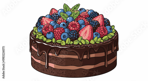 A decadent chocolate cake adorned with a vibrant medley of fresh berries