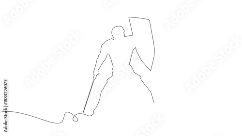 Medieval knight male warrior holding sword and shield. Hero wearing armor. Knight silhouette. Mascot and game element. Protection and security. Continuous line drawing animation.