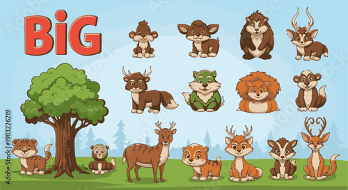 Cartoon forest animals and a large tree are presented in a playful, pixelated art style