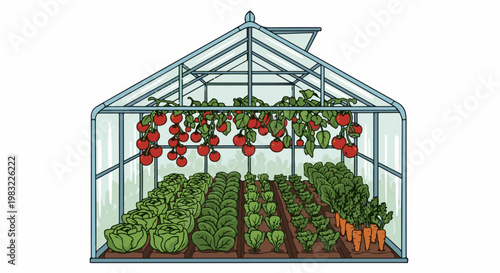 Cartoon greenhouse with rows of lettuce, tomatoes, and carrots under glass