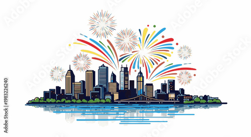 City skyline at night with vibrant fireworks reflecting on the water