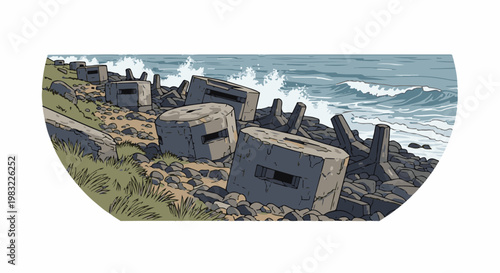 Coastal defense structures sit on a rocky shore battered by ocean waves