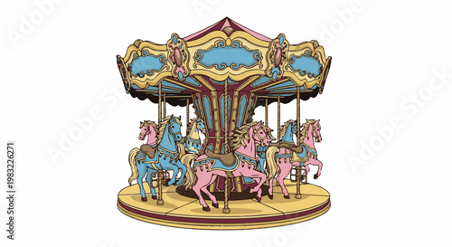 Colorful carousel with pink and blue horses on a white background