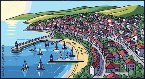 Coastal town with red-roofed houses, sailboats, and lighthouses