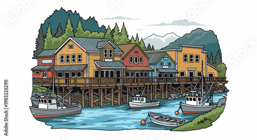 Colorful waterfront buildings on stilts with fishing boats in the water