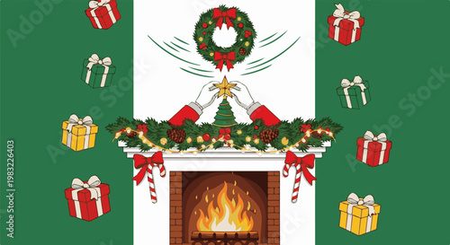 Festive scene with fireplace, garland, gifts, and a wreath