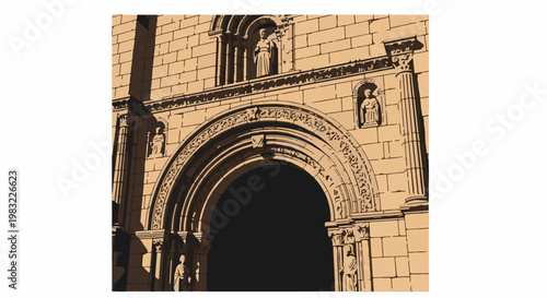 Ornate Romanesque archway of a stone building with decorative carvings and statues