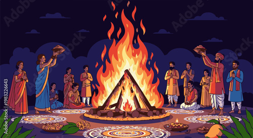 People gathered around a bonfire during a nighttime festival offering prayers