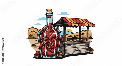 Bottle full of peppers next to a rustic market stall in a dry landscape
