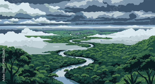 Pixel art landscape with winding river, lush forest, and stormy sky