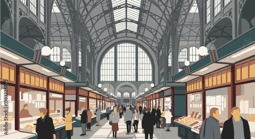 Pixel art scene of people browsing stalls inside a grand, sunlit market hall