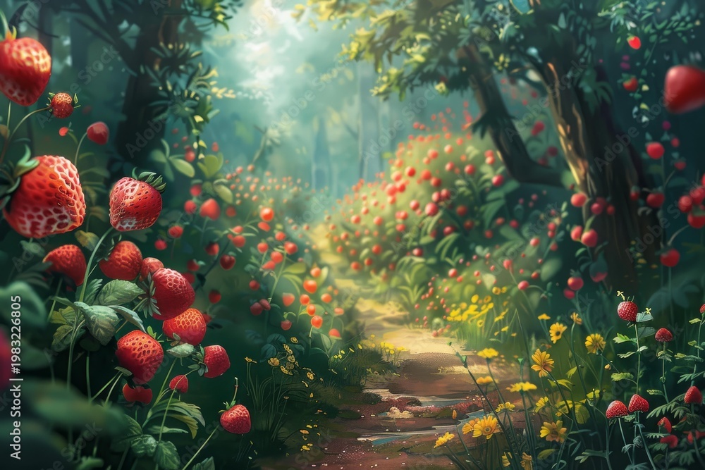 Naklejka premium Ripe strawberries growing along a path in a lush, sunlit forest create a magical, inviting scene