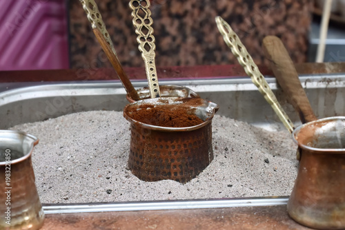 Ember Turkish coffee. Roasted Turkish coffee. Traditional nubian coffee making. Coffee turk on the coal.