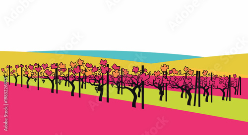 Colorful Vineyard Landscape with Rows of Grape Vines, Rural Agriculture and Winery Concept
