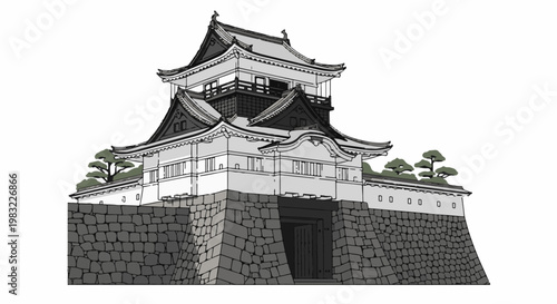 Stylized illustration of a traditional multi-tiered Japanese castle with stone base