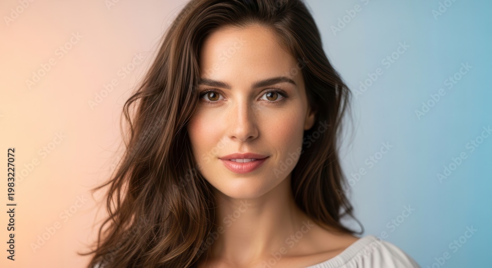 Fototapeta premium A radiant portrait of a beautiful young woman with flowing brown hair and a gentle, natural smile